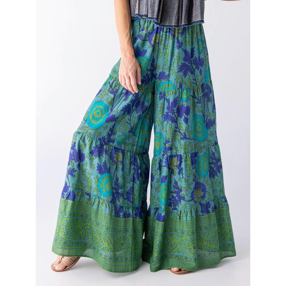 Natural Life Patti Palazzo Pants Block Print Floral Tiered Cotton Wide Leg Sz XL
